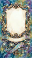 Watercolor ornate gold frame with floral scrollwork, ribbon banner, and blank center on colorful teal purple background for cards and invitations.