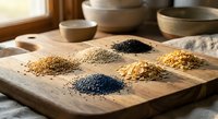 Assorted colorful seeds and grains arranged on rustic wooden cutting board in warm kitchen setting. Healthy organic superfood ingredients for cooking and nutrition.