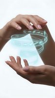 Hands holding transparent glowing digital bowl with holographic fish icons, representing sustainable seafood, marine conservation, and eco-friendly technology for environmental awareness campaigns.