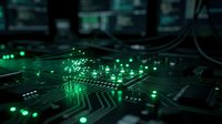 Glowing green circuit board with illuminated pathways and electronic components, representing digital technology, data processing, and network connectivity for tech backgrounds.
