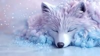 Sleeping arctic fox in winter scene with magical frost and snow effect, dreamy pastel pink and blue colors create ethereal atmosphere for fantasy designs.