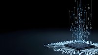 Digital binary code stream flowing from circuit board with glowing data particles on dark background for technology and cybersecurity concepts.
