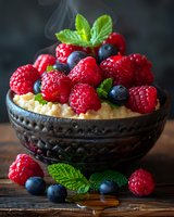 Fresh raspberries and blueberries with mint leaves on creamy rice pudding served in vintage dark ceramic bowl, moody food photography on wooden background.
