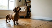Brown dachshund dog standing on wooden floor in cozy living room interior with natural light from window and bookshelf background.