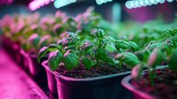 Young tomato seedlings growing in plastic pots with rich soil under LED grow lights, creating vibrant magenta and blue lighting effects in indoor garden setting.