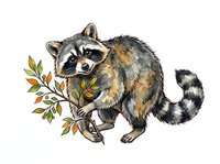 Raccoon holding autumn foliage branch with colorful leaves, isolated on white background for design, clipart, and creative projects.