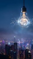 Glowing light bulb with brain inside and digital connections floating above illuminated city skyline at night representing innovation and smart technology solutions.
