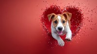 Adorable Jack Russell terrier puppy breaking through red heart shape background, smiling with blue eyes. Valentine's day or pet love concept design.