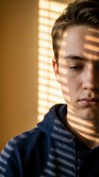 Young Caucasian man in navy hoodie with dramatic window blind shadows creating striped light pattern across face in warm indoor setting.