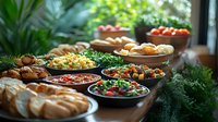 Festive buffet table with variety of fresh salads, appetizers, bread and colorful dishes served for celebration party. Natural window lighting.