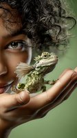 Young mixed-race woman with curly hair gently holding small fantasy dragon creature in cupped hands against soft green background for magical storytelling concepts.