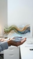Hand of person in light blue shirt holding flowing abstract waves with financial data visualization and glowing particles for business analytics and growth concepts.