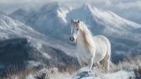 White horse standing majestically in snowy mountain landscape with dramatic peaks and winter wilderness backdrop for outdoor adventure concepts.