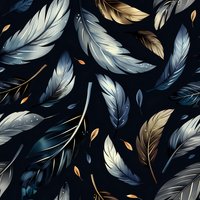 Elegant floating feathers in blue, white and gold tones on dark background create seamless pattern. Decorative design for fabric, wallpaper and wrapping paper.