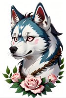 Fierce husky dog portrait with pink roses and braided collar on white background, isolated artwork suitable for tattoo design, apparel prints and merchandise.