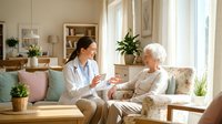 Young Asian female healthcare professional in white coat consulting with elderly Caucasian woman patient in bright modern living room for home medical care services.
