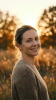 Smiling Caucasian woman in cozy sweater enjoying golden hour sunset outdoors with warm bokeh lighting for lifestyle and wellness content.