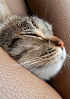 Close-up portrait of sleeping tabby cat face with peaceful expression resting on brown leather sofa, showing detailed whiskers and soft fur texture.