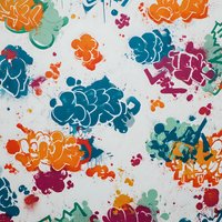 Colorful graffiti style pattern with splattered paint in teal, orange, pink, and green on white background. Urban art design for textile or wallpaper.