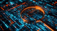 Magnifying glass examining digital data streams on circuit board with dramatic orange and blue lighting, representing cybersecurity and data analysis concept.