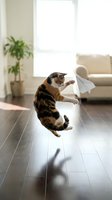 Playful tabby and white cat jumping and catching white paper in bright modern living room with wooden floor and natural light.