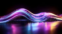 Vibrant neon waves flow across dark background with colorful light reflections, glowing particles and smooth curves creating dynamic abstract composition.
