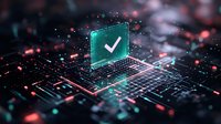 Glowing checkmark symbol on digital circuit background with particles and light effects in turquoise and red colors. Modern technology concept for security verification.
