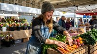 Young woman in knit hat and apron selecting fresh carrots at farmers market. Local produce shopping, healthy lifestyle, organic vegetables vendor stall.