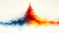 Watercolor Christmas tree with star in vibrant red and orange hues against soft blue background, artistic holiday greeting card design.