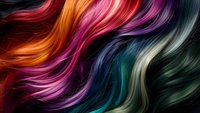 Vibrant flowing waves of multicolored hair strands featuring pink, orange, purple, blue and green hues against dark background create dynamic abstract pattern.