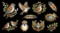 Vintage birds with feathers, nests and botanical elements isolated on transparent background, ready for t-shirt design, clipart, stickers, print-on-demand products and sublimation crafts.