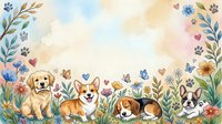 Watercolor dogs in a floral meadow with paw prints and hearts, soft pastel background with copy space for greeting cards and posters.