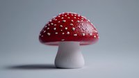 Red and white spotted mushroom amanita muscaria on neutral gray background, macro photography with soft lighting and minimalist composition.