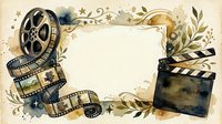 Vintage film production frame with movie reel, clapperboard, and filmstrip surrounded by decorative botanical elements and watercolor splashes on cream background.