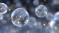 Magical floating soap bubbles with sparkling light reflections and stars against dark blurred background, creating dreamy atmospheric effect for festive designs.