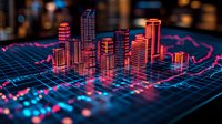 Futuristic cityscape visualization with glowing neon skyscrapers on digital grid surface, illuminated by red and blue light effects against dark background.