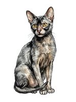 Tabby cat with striking yellow eyes sitting upright, isolated on white background. Hand-drawn illustration style artwork suitable for pet-related designs, greeting cards, and feline-themed projects.