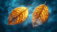 Golden autumn leaves glowing against dramatic dark blue smoky background, illuminated from behind creating ethereal atmospheric nature photography.