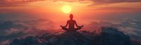 Silhouette of person meditating on mountain peak at dramatic sunset with orange sky and misty mountain ranges stretching to horizon. Panoramic spiritual scene.