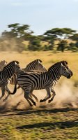 Herd of zebras galloping through savanna grassland with dust clouds, acacia trees in background, wildlife photography for nature and travel content.