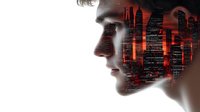 Young Caucasian male profile silhouette with double exposure effect showing modern city skyline at night in red and black tones, urban landscape merged with portrait.