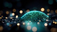 Glowing turquoise digital dome structure with particle effects against dark background, floating light orbs and bokeh creating futuristic technological atmosphere.