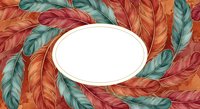Colorful feathers in warm orange and cool teal tones arranged around an isolated white oval frame, perfect for design projects, invitations, and creative layouts.