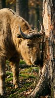 Highland cattle bull with long horns grazing near tree trunk in natural forest setting during golden hour lighting for agricultural and livestock content.