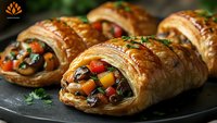 Golden puff pastry rolls filled with colorful roasted vegetables including bell peppers, mushrooms and herbs on dark slate serving plate for gourmet appetizers.