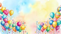 Colorful party balloons and confetti on pastel watercolor background for birthday celebrations and festive events.