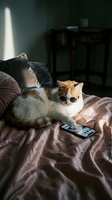 Orange and white cat lying on burgundy bedding with smartphone, sunlight streaming through window, domestic pet relaxation scene for lifestyle and home decor content.