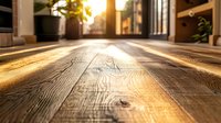 Sunlight streaming through window onto rustic wooden floorboards creating warm golden glow and dramatic shadows, low angle view showing wood grain texture.