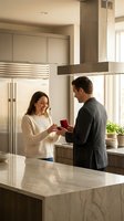 Happy couple sharing romantic moment in modern luxury kitchen with marble countertop and stainless steel appliances during proposal engagement.