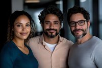 Diverse group of young professionals smiling at camera in modern office setting, showcasing workplace diversity and teamwork in corporate environment.